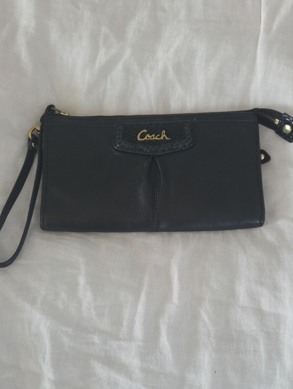 Coach Black Leather Wristlet with Gold Logo